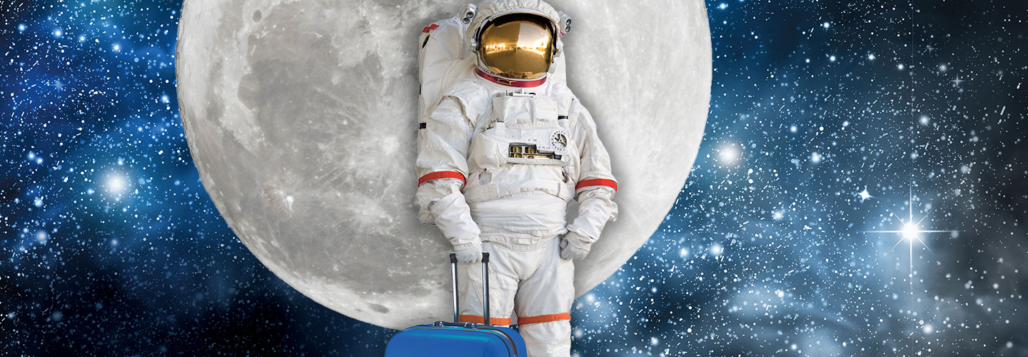 An astronaut in a space suit holds a suitcase in front of the moon.