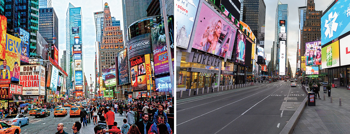 On the left, a bustling Times Square in New York City; On the right, a totally empty Times Square